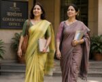 Yellow Striped Cotton Saree with Attached Blouse - Image 2