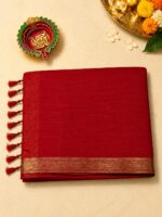 Vibrant Red Cotton Blend Saree with off white Pallu and Blouse - Image 5
