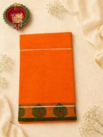 Bright Orange Handloom Cotton Saree with Green floral temple border and plain pallu - Image 4