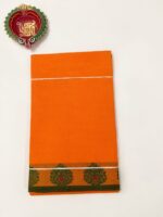 Bright Orange Handloom Cotton Saree with Green floral temple border and plain pallu - Image 5
