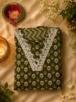 Olive Green Printed Cotton Salwar Suit with Dupatta - Image 4