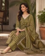 Olive Green Printed Cotton Salwar Suit with Dupatta - Image 5
