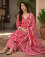 Red Printed Cotton Salwar Suit with Dupatta - Image 3