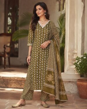 Olive Green Printed Cotton Salwar Suit with Dupatta