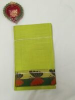 Lime Green Handloom Cotton Saree with orange butterfly motifs and plain pallu. Pl - Image 9