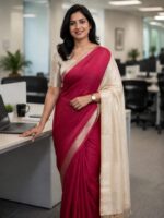 Vibrant Red Cotton Blend Saree with off white Pallu and Blouse