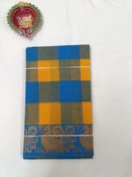 Royal Blue and Mustard Checks Handloom Cotton Saree with peacock border and plain pallu. - Image 3