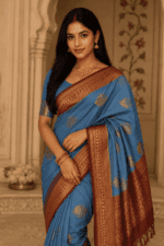 Light Blue Semi Silk Saree with Red Pallu and Blouse