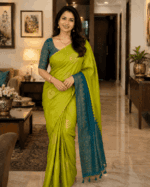 Parrot Green Silk Cotton Saree with a Rich Teal Blue Pallu and Blouse