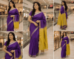 Rich Violet Cotton Blend Saree with Lemon Yellow Pallu and Blouse