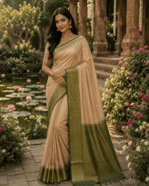 Beige Semi Silk Saree with Dark Green Border and blouse