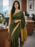 Olive Green Cotton Blend Saree with Mustard Gold Pallu and Blouse