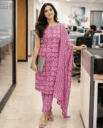 Pink Printed Cotton Salwar Suit with Dupatta - Image 2