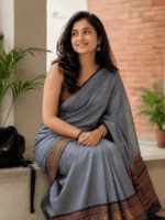 Ash Grey Handloom Cotton Saree with Royal Purple Border and Plain Pallu