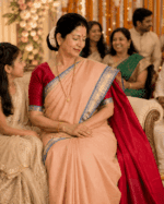 Peach Toned Cotton Saree with Navy Blue Border and Red Blouse - Image 2