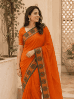 Bright Orange Handloom Cotton Saree with Green floral temple border and plain pallu