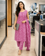 Pink Printed Cotton Salwar Suit with Dupatta - Image 6