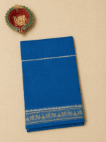 Cobalt Blue Handloom Cotton Saree with peacock temple border and plain pallu - Image 4