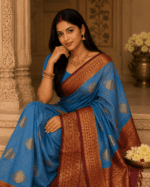Light Blue Semi Silk Saree with Red Pallu and Blouse - Image 2