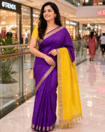 Rich Violet Cotton Blend Saree with Lemon Yellow Pallu and Blouse - Image 3