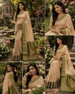 Beige Semi Silk Saree with Dark Green Border and blouse - Image 2