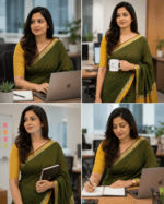Olive Green Cotton Blend Saree with Mustard Gold Pallu and Blouse - Image 2