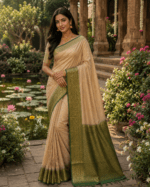 Beige Semi Silk Saree with Dark Green Border and blouse - Image 4
