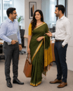 Olive Green Cotton Blend Saree with Mustard Gold Pallu and Blouse - Image 3