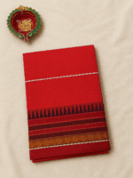 Orange Handloom Cotton Saree with purple temple triangle border and plain pallu - Image 4