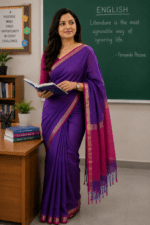 Royal Purple Cotton Blend Saree with Radiant Magenta Red Pallu and Blouse - Image 2
