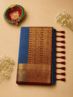 Light Blue Semi Silk Saree with Red Pallu and Blouse - Image 3