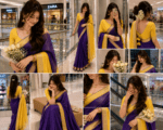 Rich Violet Cotton Blend Saree with Lemon Yellow Pallu and Blouse - Image 6