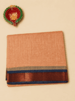 Peach Toned Cotton Saree with Navy Blue Border and Red Blouse - Image 4