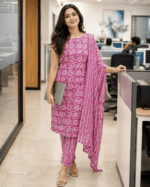 Pink Printed Cotton Salwar Suit with Dupatta - Image 3