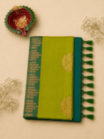 Parrot Green Silk Cotton Saree with a Rich Teal Blue Pallu and Blouse - Image 5