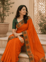 Bright Orange Handloom Cotton Saree with Green floral temple border and plain pallu - Image 2