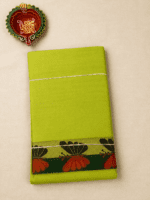 Lime Green Handloom Cotton Saree with orange butterfly motifs and plain pallu. Pl - Image 5