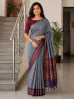 Ash Grey Handloom Cotton Saree with Royal Purple Border and Plain Pallu - Image 3
