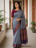 Ash Grey Handloom Cotton Saree with Royal Purple Border and Plain Pallu - Image 2