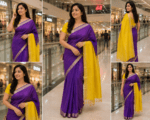 Rich Violet Cotton Blend Saree with Lemon Yellow Pallu and Blouse - Image 4