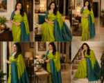 Parrot Green Silk Cotton Saree with a Rich Teal Blue Pallu and Blouse - Image 3