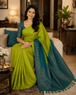 Parrot Green Silk Cotton Saree with a Rich Teal Blue Pallu and Blouse - Image 2