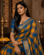 Royal Blue and Mustard Checks Handloom Cotton Saree with peacock border and plain pallu. - Image 4