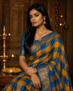 Royal Blue and Mustard Checks Handloom Cotton Saree with peacock border and plain pallu.