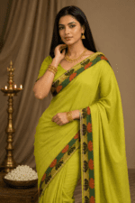 Lime Green Handloom Cotton Saree with orange butterfly motifs and plain pallu. Pl
