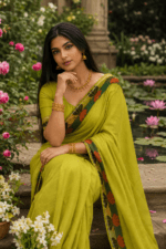 Lime Green Handloom Cotton Saree with orange butterfly motifs and plain pallu. Pl - Image 2