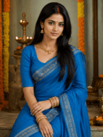 Cobalt Blue Handloom Cotton Saree with peacock temple border and plain pallu