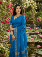 Cobalt Blue Handloom Cotton Saree with peacock temple border and plain pallu - Image 3