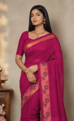 Magenta Handloom Cotton Saree with floral border and plain pallu - Image 3