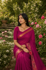 Magenta Handloom Cotton Saree with floral border and plain pallu